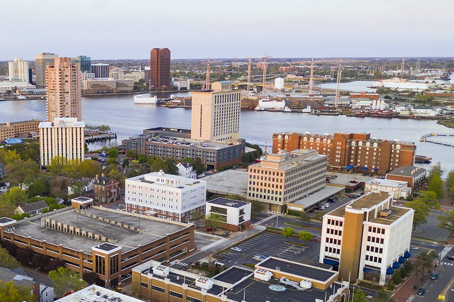 Contact - Aerial View Over Portsmouth Virginia Across the Elizabeth River to Norfolk